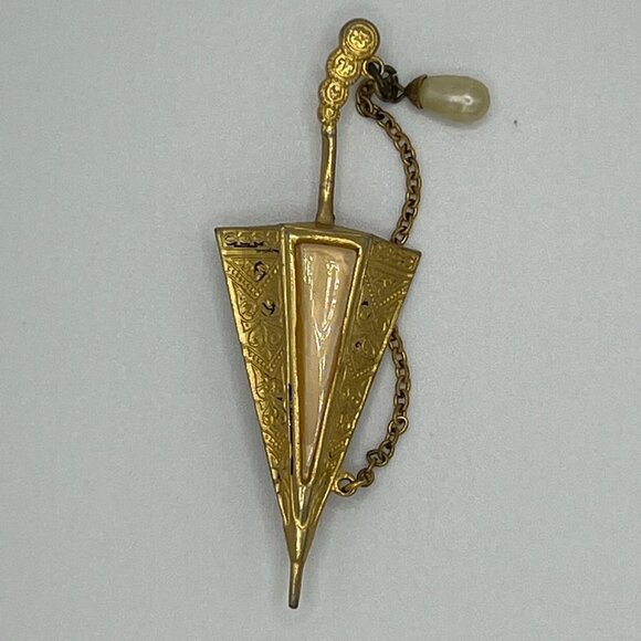 Damascene Vintage Umbrella Style Mother of Pearl Gold Brooch / Pin - Picture 1 of 2